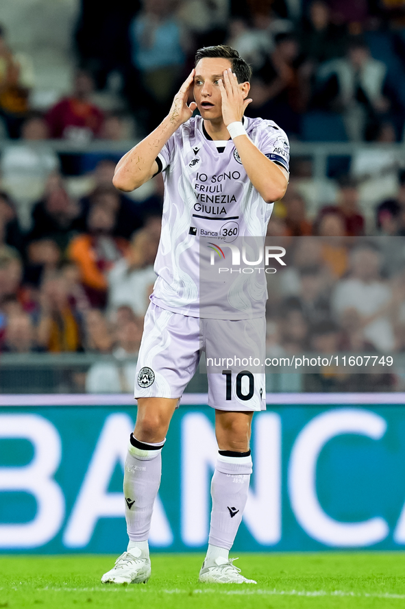 Florian Thauvin of Udinese Calcio looks dejected during the Serie A Enilive match between AS Roma and Udinese Calcio at Stadio Olimpico on S...