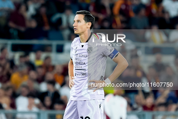 Florian Thauvin of Udinese Calcio reacts during the Serie A Enilive match between AS Roma and Udinese Calcio at Stadio Olimpico on September...