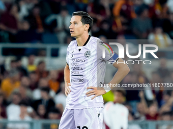 Florian Thauvin of Udinese Calcio reacts during the Serie A Enilive match between AS Roma and Udinese Calcio at Stadio Olimpico on September...