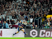 Tommaso Baldanzi of AS Roma celebrates after scoring third goal during the Serie A Enilive match between AS Roma and Udinese Calcio at Stadi...