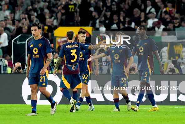 Tommaso Baldanzi of AS Roma celebrates after scoring third goal during the Serie A Enilive match between AS Roma and Udinese Calcio at Stadi...