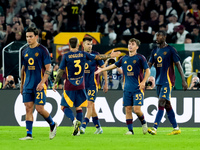 Tommaso Baldanzi of AS Roma celebrates after scoring third goal during the Serie A Enilive match between AS Roma and Udinese Calcio at Stadi...