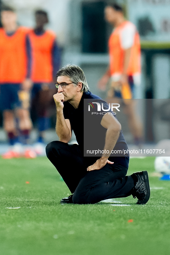 Kosta Runjaic head coach of Udinese Calcio looks on during the Serie A Enilive match between AS Roma and Udinese Calcio at Stadio Olimpico o...