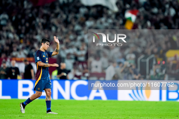 Paulo Dybala of AS Roma greets supporters leaving the pitch during the Serie A Enilive match between AS Roma and Udinese Calcio at Stadio Ol...