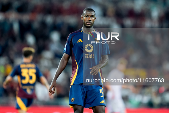 Evan Ndicka of AS Roma looks on during the Serie A Enilive match between AS Roma and Udinese Calcio at Stadio Olimpico on September 22, 2024...