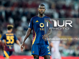 Evan Ndicka of AS Roma looks on during the Serie A Enilive match between AS Roma and Udinese Calcio at Stadio Olimpico on September 22, 2024...