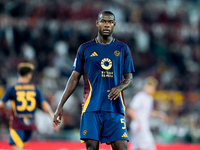 Evan Ndicka of AS Roma looks on during the Serie A Enilive match between AS Roma and Udinese Calcio at Stadio Olimpico on September 22, 2024...