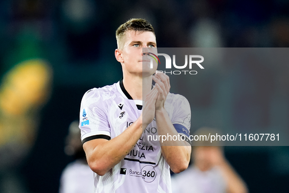 Jaka Bijol of Udinese Calcio applauds during the Serie A Enilive match between AS Roma and Udinese Calcio at Stadio Olimpico on September 22...