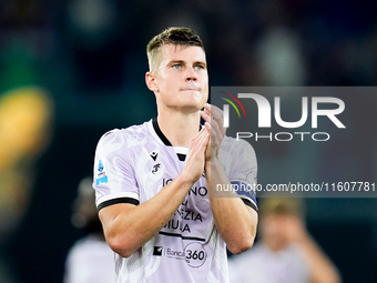 Jaka Bijol of Udinese Calcio applauds during the Serie A Enilive match between AS Roma and Udinese Calcio at Stadio Olimpico on September 22...