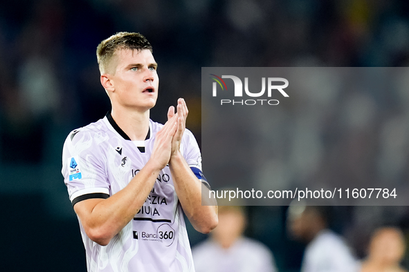 Jaka Bijol of Udinese Calcio applauds during the Serie A Enilive match between AS Roma and Udinese Calcio at Stadio Olimpico on September 22...