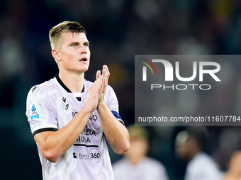 Jaka Bijol of Udinese Calcio applauds during the Serie A Enilive match between AS Roma and Udinese Calcio at Stadio Olimpico on September 22...