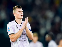 Jaka Bijol of Udinese Calcio applauds during the Serie A Enilive match between AS Roma and Udinese Calcio at Stadio Olimpico on September 22...