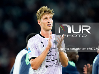 Thomas Thiesson Kristensen of Udinese Calcio applauds during the Serie A Enilive match between AS Roma and Udinese Calcio at Stadio Olimpico...