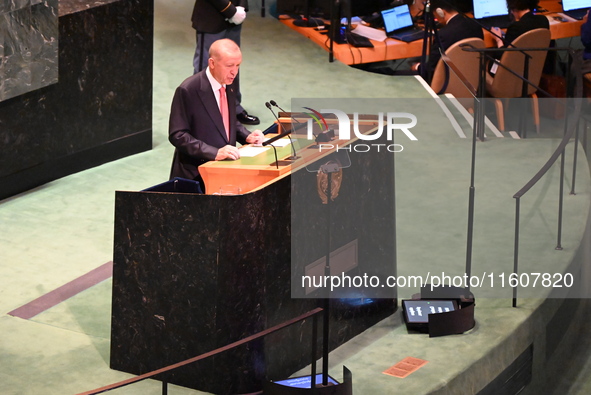 President of the Republic of Turkiye Recep Tayyip Erdogan attends the United Nations General Assembly 2024 in Manhattan, New York, United St...