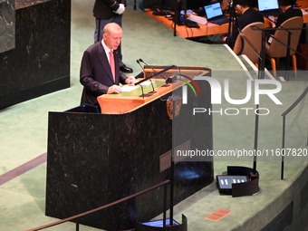 President of the Republic of Turkiye Recep Tayyip Erdogan attends the United Nations General Assembly 2024 in Manhattan, New York, United St...