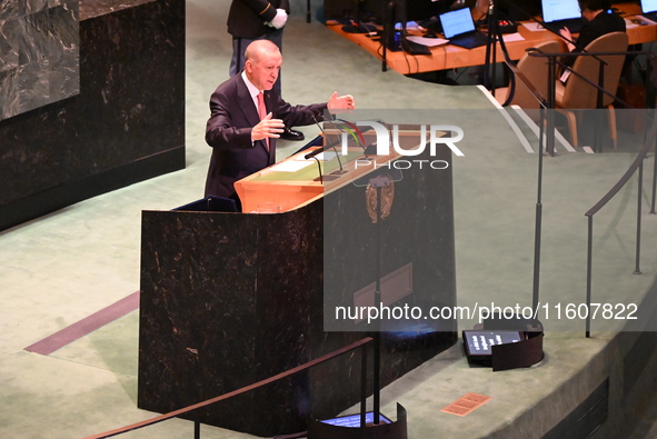 President of the Republic of Turkiye Recep Tayyip Erdogan attends the United Nations General Assembly 2024 in Manhattan, New York, United St...