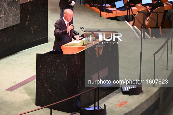 President of the Republic of Turkiye Recep Tayyip Erdogan attends the United Nations General Assembly 2024 in Manhattan, New York, United St...