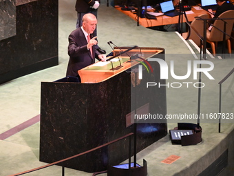 President of the Republic of Turkiye Recep Tayyip Erdogan attends the United Nations General Assembly 2024 in Manhattan, New York, United St...