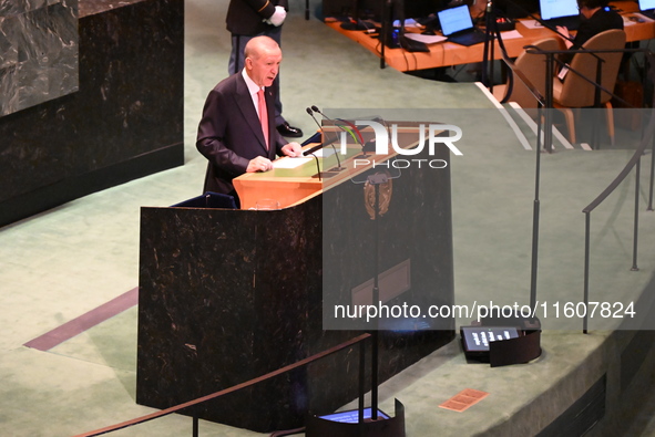 President of the Republic of Turkiye Recep Tayyip Erdogan attends the United Nations General Assembly 2024 in Manhattan, New York, United St...