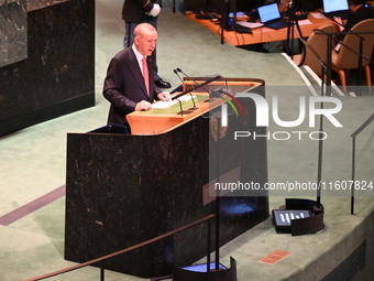 President of the Republic of Turkiye Recep Tayyip Erdogan attends the United Nations General Assembly 2024 in Manhattan, New York, United St...