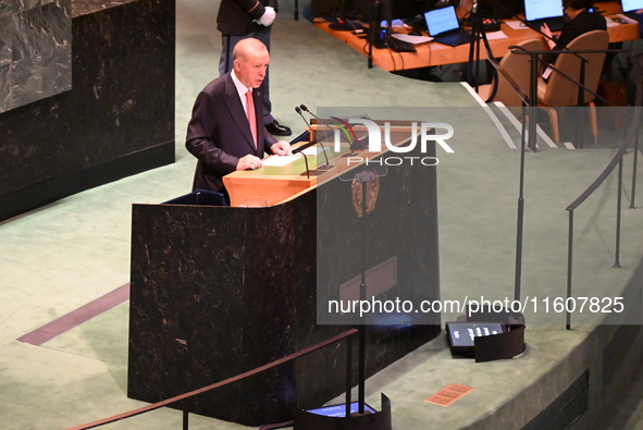 President of the Republic of Turkiye Recep Tayyip Erdogan attends the United Nations General Assembly 2024 in Manhattan, New York, United St...