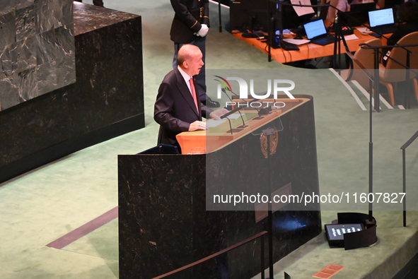 President of the Republic of Turkiye Recep Tayyip Erdogan attends the United Nations General Assembly 2024 in Manhattan, New York, United St...