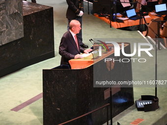 President of the Republic of Turkiye Recep Tayyip Erdogan attends the United Nations General Assembly 2024 in Manhattan, New York, United St...