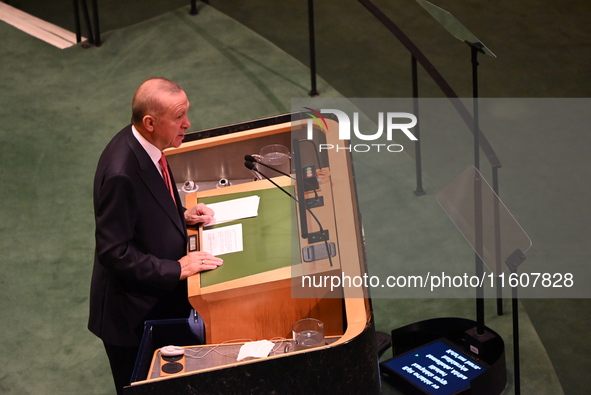 President of the Republic of Turkiye Recep Tayyip Erdogan attends the United Nations General Assembly 2024 in Manhattan, New York, United St...