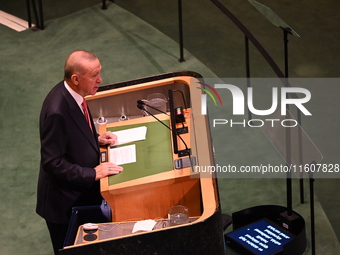 President of the Republic of Turkiye Recep Tayyip Erdogan attends the United Nations General Assembly 2024 in Manhattan, New York, United St...