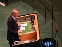 President of the Republic of Turkiye Recep Tayyip Erdogan attends the United Nations General Assembly 2024 in Manhattan, New York, United St...