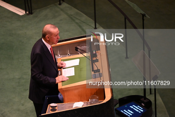 President of the Republic of Turkiye Recep Tayyip Erdogan attends the United Nations General Assembly 2024 in Manhattan, New York, United St...