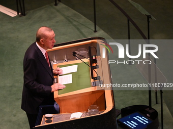 President of the Republic of Turkiye Recep Tayyip Erdogan attends the United Nations General Assembly 2024 in Manhattan, New York, United St...