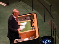 President of the Republic of Turkiye Recep Tayyip Erdogan attends the United Nations General Assembly 2024 in Manhattan, New York, United St...