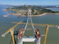 The installation and construction of suspension cables at the construction site of Rushankou Cross Sea Bridge take place in Weihai, China, o...