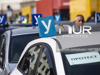 Driving instructors protest in Sofia, Bulgaria, on September 25, 2024, against new driver training regulations concerning the digitization o...