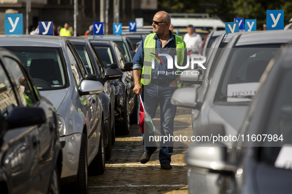 Driving instructors protest in Sofia, Bulgaria, on September 25, 2024, against new driver training regulations concerning the digitization o...