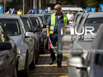 Driving instructors protest in Sofia, Bulgaria, on September 25, 2024, against new driver training regulations concerning the digitization o...