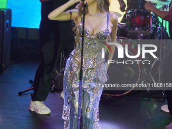 Singer Marla Solis performs on stage during the launch of her musical career at Foro Total Play in Mexico City, Mexico, on September 24, 202...