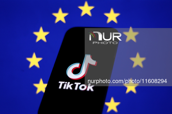 European Union flag displayed on a laptop screen and TikTok logo displayed on a phone screen are seen in this illustration photo taken in Kr...