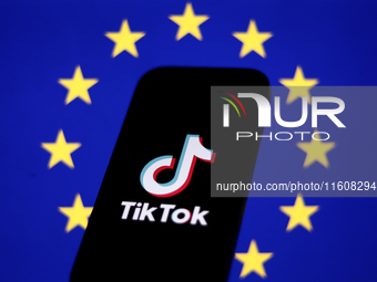 European Union flag displayed on a laptop screen and TikTok logo displayed on a phone screen are seen in this illustration photo taken in Kr...