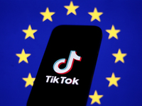 European Union flag displayed on a laptop screen and TikTok logo displayed on a phone screen are seen in this illustration photo taken in Kr...