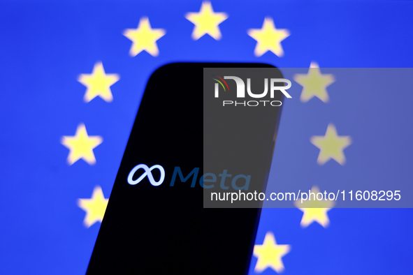 European Union flag displayed on a laptop screen and Meta logo displayed on a phone screen are seen in this illustration photo taken in Krak...