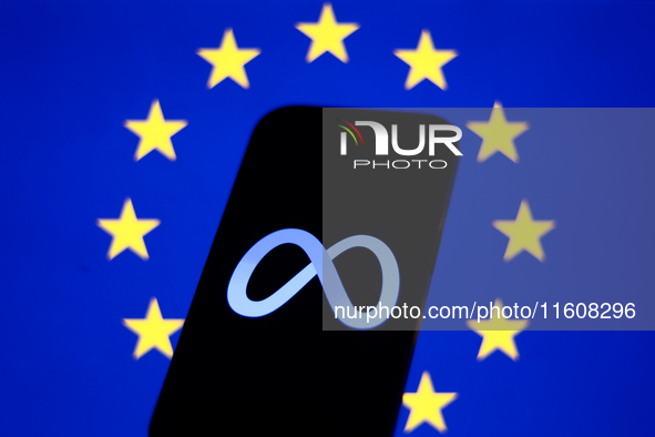 European Union flag displayed on a laptop screen and Meta logo displayed on a phone screen are seen in this illustration photo taken in Krak...