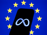 European Union flag displayed on a laptop screen and Meta logo displayed on a phone screen are seen in this illustration photo taken in Krak...