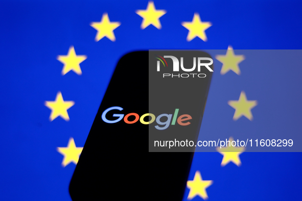 European Union flag displayed on a laptop screen and Google logo displayed on a phone screen are seen in this illustration photo taken in Kr...