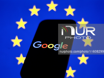 European Union flag displayed on a laptop screen and Google logo displayed on a phone screen are seen in this illustration photo taken in Kr...