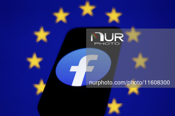 European Union flag displayed on a laptop screen and Facebook logo displayed on a phone screen are seen in this illustration photo taken in...