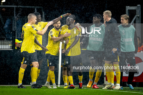 Elfsborg midfielder Timothy Noor Ouma scores the 0-1 and celebrates the goal during the match AZ vs. Elfsborg at the AZ Stadium for the UEFA...