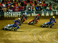 Marcel Kowolik, Maciej Janowski, and Jakub Miskowiak participate in a PGE Speedway Ekstraliga game between Sparta Wroclaw and Stal Gorzow Wi...