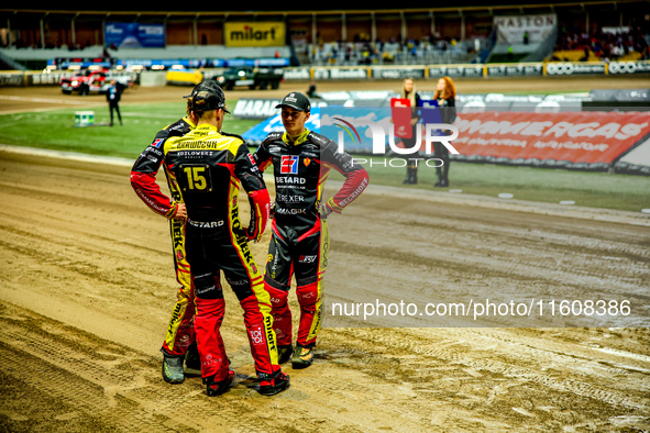 Jakub Krawczyk and Marcel Kowolik participate in a PGE Speedway Ekstraliga game between Sparta Wroclaw and Stal Gorzow Wielkopolski in Wrocl...